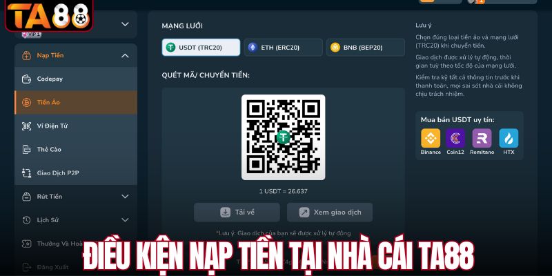Điều kiện nạp tiền tại nhà cái TA88