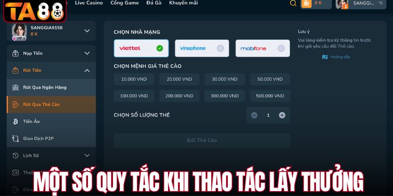 Một số quy tắc khi thao tác lấy thưởng từ TA88