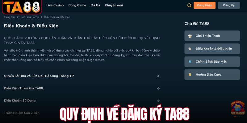 Quy định về đăng ký TA88